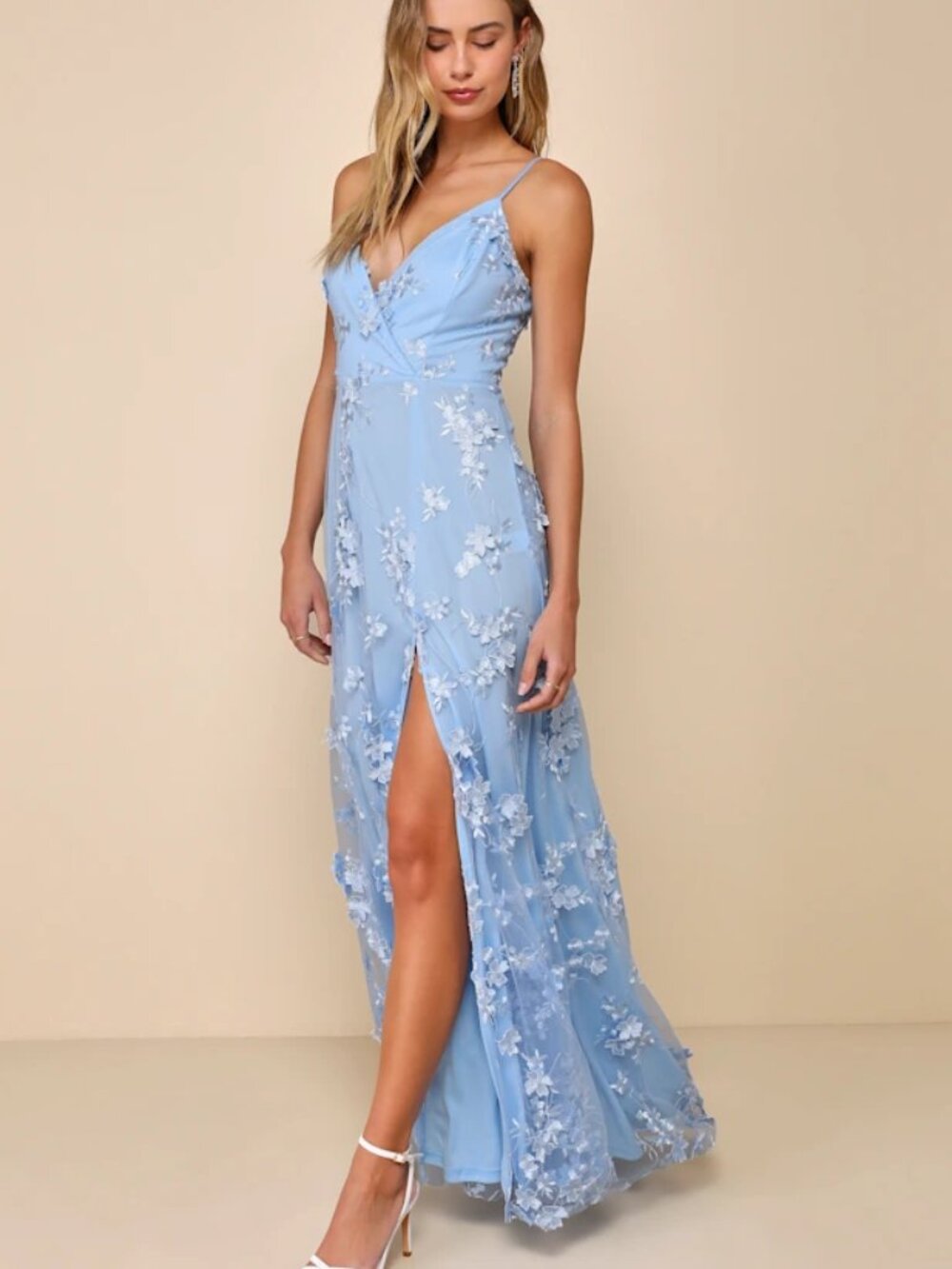 Lulus Rare Presence Powder Blue 3d Floral Surplice Maxi Dress - Size S